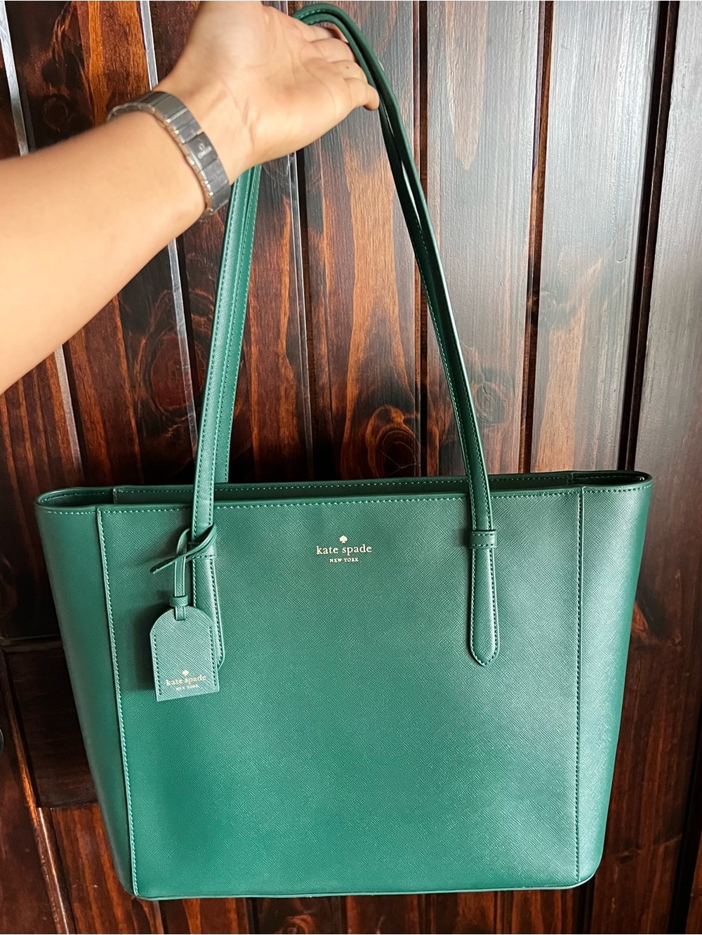kate spade Green Saffiano Leather Tote with Gold Logo